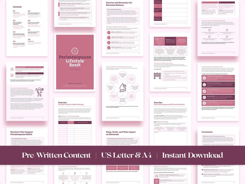 May include: A pink and white digital download guide titled "Perimenopause Lifestyle Reset". The guide includes information on exercise, sleep, stress, and nutrition. The text "Pre-Written Content | US Letter & A4 | Instant Download" is at the bottom of the image.