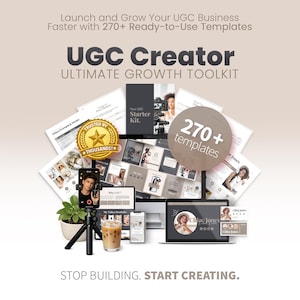 Puede incluir: Un anuncio para un kit de herramientas de crecimiento definitivo de UGC Creator. La imagen presenta una variedad de dispositivos digitales, incluyendo un portátil, un smartphone y una tableta, junto con materiales impresos y una bebida de café. El texto incluye "270+ plantillas" y "Stop Building. Start Creating."