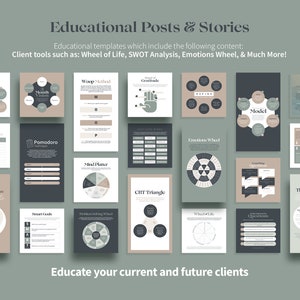 May include: A collection of 16 educational templates for social media posts and stories. The templates feature various tools and techniques for personal growth, including the Wheel of Life, SWOT Analysis, Emotions Wheel, and more.