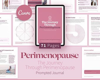Diario guiado para la perimenopausia, 71 páginas, Canva, para el seguimiento del estado de ánimo y los síntomas, con sugerencias para el autocuidado.
