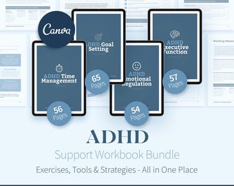 ADHS Arbeitsbuch-Bundle, bearbeitbare Canva Coaching-Werkzeuge, Exekutivfunktionen, Zeitmanagement, Emotionsregulierung, Ziele, die Übung eBook