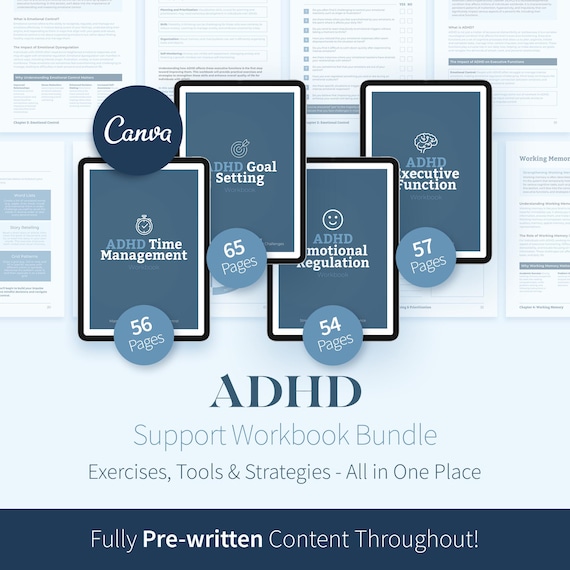 ADHD Workbook Bundle, Editable Canva Coaching Tools, Executive Functions, Time Management, Emotional Regulation, Goal Setting Exercise eBook