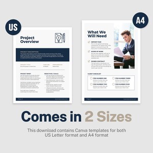 May include: A black and white project overview template with the text "Project Overview" in a blue box. The template includes sections for project description, project brief, objectives and goals, and client checklist. The template is available in US Letter and A4 sizes.