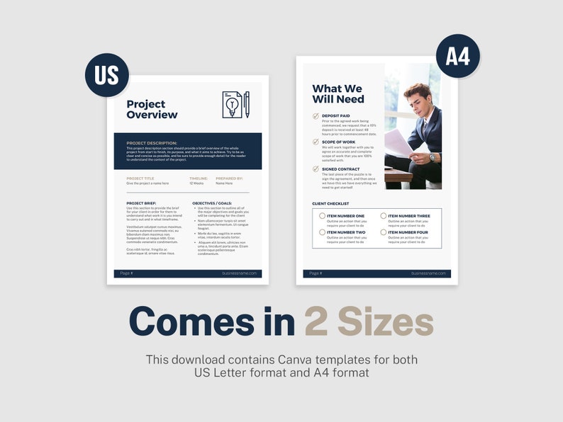 May include: A black and white project overview template with the text "Project Overview" in a blue box. The template includes sections for project description, project brief, objectives and goals, and client checklist. The template is available in US Letter and A4 sizes.
