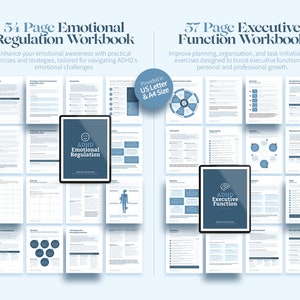 May include: A digital workbook with a blue cover titled "ADHD Emotional Regulation" and "ADHD Executive Function." The workbooks are surrounded by pages of exercises and strategies. The text reads "54 Page Emotional Regulation Workbook" and "57 Page Executive Function Workbook."