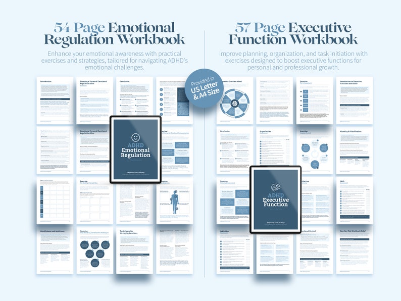 May include: A digital workbook with a blue cover titled "ADHD Emotional Regulation" and "ADHD Executive Function." The workbooks are surrounded by pages of exercises and strategies. The text reads "54 Page Emotional Regulation Workbook" and "57 Page Executive Function Workbook."