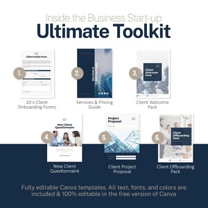 May include: An image showcasing a business start-up toolkit with six templates: Client Intake Form, Services & Pricing Guide, Client Welcome Pack, New Client Questionnaire, Client Project Proposal, and Client Offboarding Pack. The text "Ultimate Toolkit" is prominently displayed.
