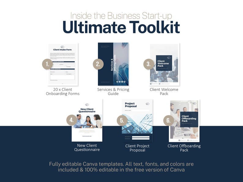 May include: An image showcasing a business start-up toolkit with six templates: Client Intake Form, Services & Pricing Guide, Client Welcome Pack, New Client Questionnaire, Client Project Proposal, and Client Offboarding Pack. The text "Ultimate Toolkit" is prominently displayed.