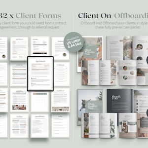 May include: A digital product featuring 32 client forms and client onboarding packs. The forms include agreements, invoices, and questionnaires. The onboarding packs have 61 and 48 pages, respectively. The text reads "Client On/Offboarding" and "32 x Client Forms".