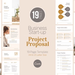 May include: A 19-page business start-up project proposal template in A4 and US letter size. The template includes sections for project overview, introduction, strategy, deliverables, timeline, and pricing breakdown. The template is designed in a minimalist style with a neutral color palette of beige and gold.