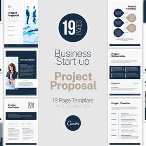 Pode incluir: Um modelo de proposta de projeto de inicialização de negócios de 19 páginas em azul e bege. O modelo inclui seções para a visão geral do projeto, a introdução, a estratégia, os entregáveis, o cronograma e o detalhamento de preços. O modelo é projetado para os tamanhos A4 e carta dos EUA.