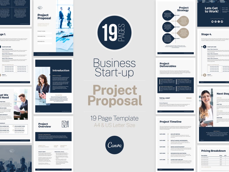 May include: A 19-page business start-up project proposal template in blue and beige colors. The template includes sections for project overview, introduction, strategy, deliverables, timeline, and pricing breakdown. The template is designed for A4 and US letter size.