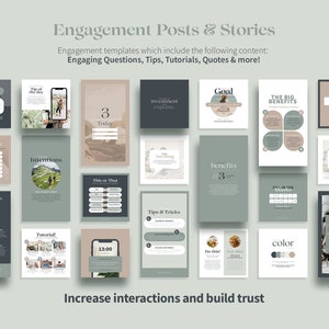 May include: A collection of social media post templates for engagement. The templates feature a variety of designs, including questions, tips, tutorials, and quotes. The templates are designed to help businesses increase interactions and build trust with their followers.