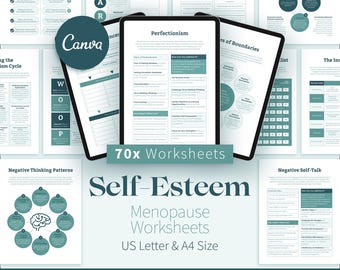 Hojas de trabajo para la autoestima, 70 herramientas de terapia para desarrollar la confianza en Canva, ejercicios de autoestima, plantillas para clientes de consejeros y coaches, imprimibles.