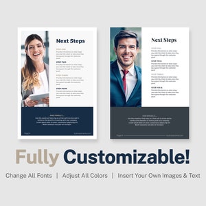 May include: Two pages of a business welcome pack with a blue and white color scheme. The pages feature a photo of a smiling woman and a smiling man. The text on the page reads "Next Steps" and lists steps to take. The text also includes the phrase "And Finally..." and "Universally..."