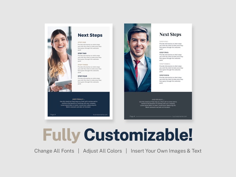 May include: Two pages of a business welcome pack with a blue and white color scheme. The pages feature a photo of a smiling woman and a smiling man. The text on the page reads "Next Steps" and lists steps to take. The text also includes the phrase "And Finally..." and "Universally..."