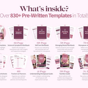K&ouml;nnte beinhalten: Eine rosa-wei&szlig;e Grafik mit dem Text "What's inside? Over 830+ Pre-Written Templates in Total!" und verschiedenen Vorlagen zur Unterst&uuml;tzung der Menopause, einschlie&szlig;lich Instagram-Vorlagen, Arbeitsb&uuml;chern und Ratgebern.