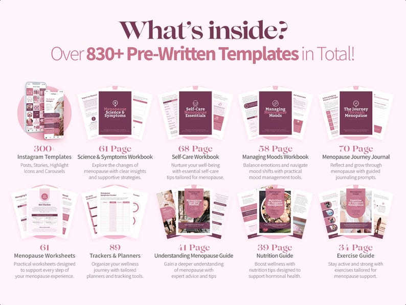 K&ouml;nnte beinhalten: Eine rosa-wei&szlig;e Grafik mit dem Text "What's inside? Over 830+ Pre-Written Templates in Total!" und verschiedenen Vorlagen zur Unterst&uuml;tzung der Menopause, einschlie&szlig;lich Instagram-Vorlagen, Arbeitsb&uuml;chern und Ratgebern.
