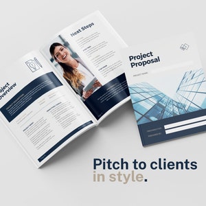 May include: A blue and white project proposal booklet with the title "Project Proposal" and the text "Pitch to clients in style." The booklet is open to show the inside pages, which include sections titled "Project Overview" and "Next Steps".