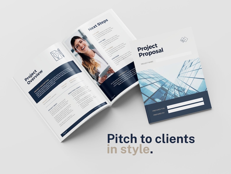 May include: A blue and white project proposal booklet with the title "Project Proposal" and the text "Pitch to clients in style." The booklet is open to show the inside pages, which include sections titled "Project Overview" and "Next Steps".