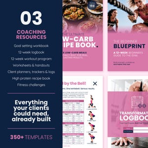 May include: A digital product with a dark blue and pink color scheme. The image features text such as "Coaching Resources," "Low-Carb Recipe Book," and "Beginner Blueprint." It also includes workout plans, logbooks, and templates for fitness and nutrition.