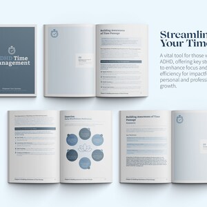 May include: A blue and white guidebook titled "ADHD Time Management" with the subtitle "Enhance Your Time Passage". The book is open to a page with a diagram of a lotus flower with six petals, each petal containing a different color and text. The text on the page reads "Exercise: Body Mindfulness Meditation".
