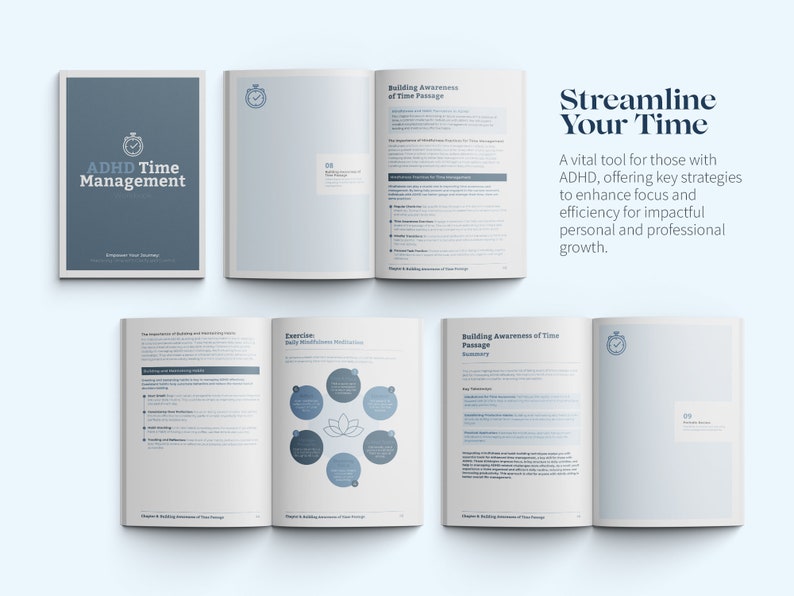 May include: A blue and white guidebook titled "ADHD Time Management" with the subtitle "Enhance Your Time Passage". The book is open to a page with a diagram of a lotus flower with six petals, each petal containing a different color and text. The text on the page reads "Exercise: Body Mindfulness Meditation".