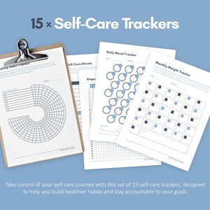 K&ouml;nnte beinhalten: Ein Set mit 15 druckbaren Selbstpflege-Trackern, darunter ein Tracker f&uuml;r gesunde Gewohnheiten, ein t&auml;glicher Stimmungs-Tracker und ein monatlicher Gewichts-Tracker. Die Tracker sollen dir helfen, ges&uuml;ndere Gewohnheiten zu entwickeln und deine Ziele zu erreichen.