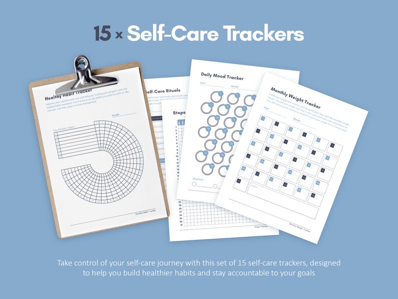 K&ouml;nnte beinhalten: Ein Set mit 15 druckbaren Selbstpflege-Trackern, darunter ein Tracker f&uuml;r gesunde Gewohnheiten, ein t&auml;glicher Stimmungs-Tracker und ein monatlicher Gewichts-Tracker. Die Tracker sollen dir helfen, ges&uuml;ndere Gewohnheiten zu entwickeln und deine Ziele zu erreichen.