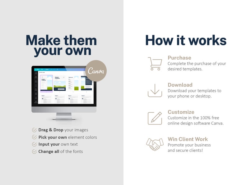 May include: A computer screen displaying a Canva design template with a blue and white color scheme. The text "Canva" is visible in the top right corner of the screen. The image also includes a list of steps for customizing the template, including drag and drop, color selection, text input, and font changes.