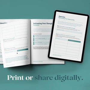 May include: A printable workbook with the title "Reframing Your Thoughts" and a section titled "Exercise: Reframing Your Inner Critic". The workbook includes steps to help reframe negative thoughts.