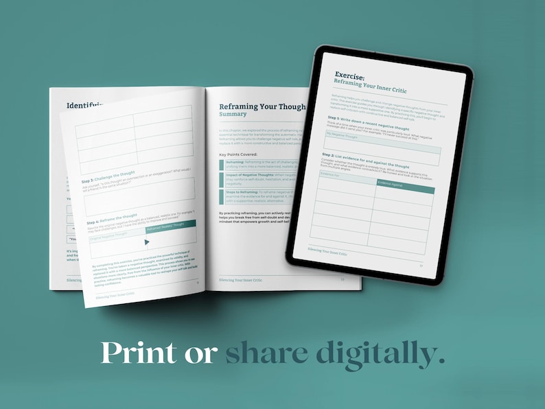 May include: A printable workbook with the title "Reframing Your Thoughts" and a section titled "Exercise: Reframing Your Inner Critic". The workbook includes steps to help reframe negative thoughts.