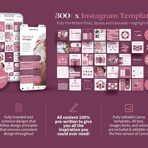 K&ouml;nnte beinhalten: Ein digitales Marketingprodukt mit &uuml;ber 300 Instagram-Vorlagen. Enth&auml;lt vorgefertigte Beitr&auml;ge, Stories, Karussells und Highlight-Icons. Die Vorlagen sind markenbezogen und koh&auml;rent, mit editierbarem Text, Bildern, Schriftarten und Farben.