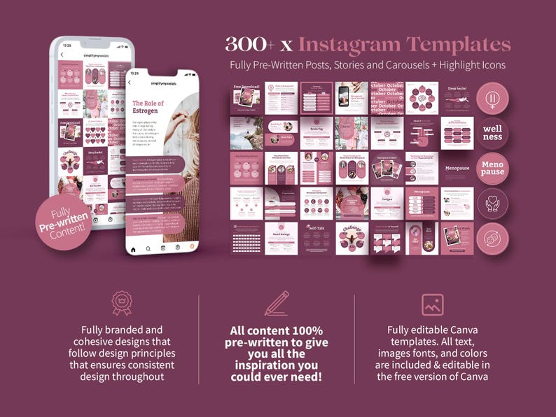 K&ouml;nnte beinhalten: Ein digitales Marketingprodukt mit &uuml;ber 300 Instagram-Vorlagen. Enth&auml;lt vorgefertigte Beitr&auml;ge, Stories, Karussells und Highlight-Icons. Die Vorlagen sind markenbezogen und koh&auml;rent, mit editierbarem Text, Bildern, Schriftarten und Farben.