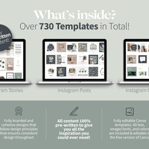 May include: A laptop screen displaying a collection of over 730 Instagram templates for stories, posts, and carousels. The templates are fully editable in Canva and feature pre-written content, ensuring consistent design throughout.