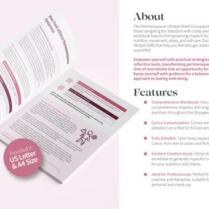 May include: A pink and white workbook titled "Perimenopause Lifestyle Reset" with a list of features including "Comprehensive Workbook", "Canva Customization", "Fully Editable", "Content Creation Asset", and "Ideal for Professionals".