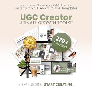 Könnte beinhalten: Werbung für das UGC Creator Ultimate Growth Toolkit. Das Bild zeigt verschiedene digitale Geräte, darunter ein Laptop, ein Telefon und ein Tablet, die Vorlagen und Ressourcen anzeigen. Der Text lautet: „Starten und erweitern Sie Ihr UGC-Geschäft schneller mit über 270 gebrauchsfertigen Vorlagen“.