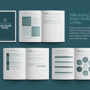 Op de afbeelding: Een werkboek met de titel "Silencing Your Inner Critic" met een groen-wit kleurenschema. De omslag toont een gestileerde illustratie van een brein met een gedachtewolk. De tekst op de omslag luidt: "Stel negatieve zelfgesprekken stil met dit stimulerende werkboek. Bouw een positief zelfbeeld, zelfvertrouwen en innerlijke kracht op."