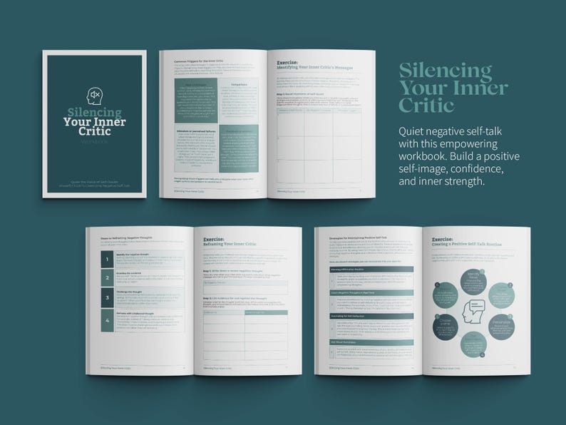 Op de afbeelding: Een werkboek met de titel "Silencing Your Inner Critic" met een groen-wit kleurenschema. De omslag toont een gestileerde illustratie van een brein met een gedachtewolk. De tekst op de omslag luidt: "Stel negatieve zelfgesprekken stil met dit stimulerende werkboek. Bouw een positief zelfbeeld, zelfvertrouwen en innerlijke kracht op."