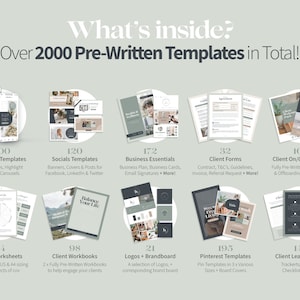 May include: An image showcasing a collection of over 2000 pre-written templates. Categories include Instagram templates, social media templates, business essentials, client forms, client onboarding, client worksheets, workbooks, logos, brandboards, Pinterest templates, and client lead magnets.