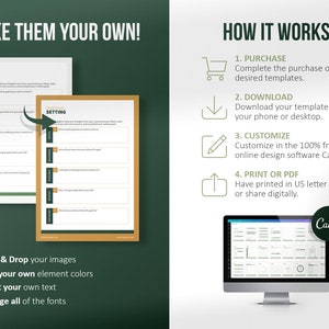 K&ouml;nnte beinhalten: Ein digitales Produkt-Mockup, das zeigt, wie man druckbare Vorlagen mit Canva anpassen kann. Das Bild zeigt ein Arbeitsblatt mit dem Titel "Smart Goal Setting" mit einer Checkliste von Fragen, die helfen, Ziele zu setzen. Der Text "Machen Sie sie zu Ihren eigenen!" befindet sich oben im Bild. Der Text "So funktioniert's" befindet sich auf der rechten Seite des Bildes mit einer Liste von Schritten: Kaufen, Herunterladen, Anpassen, Drucken oder PDF. Das Bild zeigt auch einen Computerbildschirm mit dem Canva-Logo.