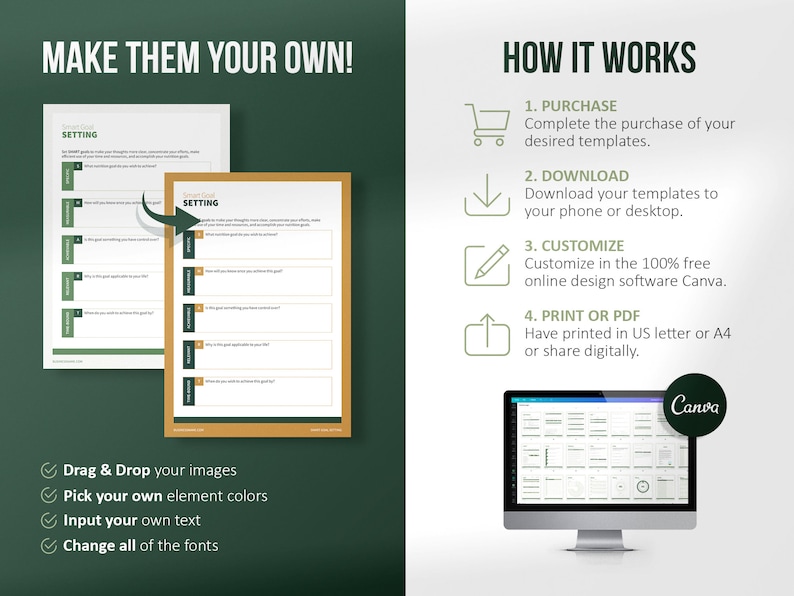 K&ouml;nnte beinhalten: Ein digitales Produkt-Mockup, das zeigt, wie man druckbare Vorlagen mit Canva anpassen kann. Das Bild zeigt ein Arbeitsblatt mit dem Titel "Smart Goal Setting" mit einer Checkliste von Fragen, die helfen, Ziele zu setzen. Der Text "Machen Sie sie zu Ihren eigenen!" befindet sich oben im Bild. Der Text "So funktioniert's" befindet sich auf der rechten Seite des Bildes mit einer Liste von Schritten: Kaufen, Herunterladen, Anpassen, Drucken oder PDF. Das Bild zeigt auch einen Computerbildschirm mit dem Canva-Logo.