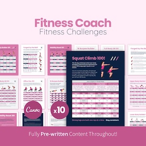 Może przedstawiać: Cyfrowy produkt fitness z tekstem "Fitness Coach Fitness Challenges". Obraz przedstawia różne przewodniki treningowe, w tym plan "Squat Climb 100!", logo Canva i tekst "Fully Pre-written Content Throughout!"