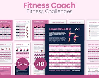 10x Fitness Challenges Pack, 30-Day Workout Plans Canva Templates, Personal Trainer Client Programs, Editable Challenge Bundle, Printable