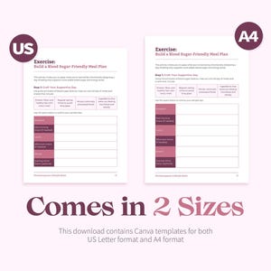 May include: Two printable worksheets in US Letter and A4 sizes, titled "Build a Blood Sugar-Friendly Meal Plan". Each worksheet has a table with columns for "Breakfast", "Lunch", "Dinner", and "Evening Snack" and rows for "My Morning Plate", "Protein", "Carbs", "Fats", and "Planning Tips".