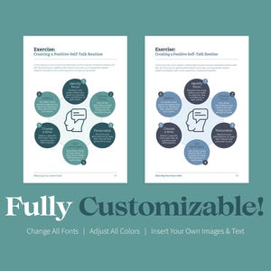 Op de afbeelding: Twee pagina's van een printbaar werkblad met een blauw-groen kleurenschema. Het werkblad heeft de titel "Een positieve zelfpraatroutine cre&euml;ren" en bevat een diagram met stappen voor het cre&euml;ren van een positieve zelfpraatroutine. De tekst "Volledig aanpasbaar!" staat onderaan de pagina met de tekst "Alle lettertypen wijzigen | Alle kleuren aanpassen | Eigen afbeeldingen en tekst invoegen".