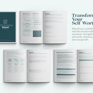 Op de afbeelding: Een werkboek met de titel "Transform Your Self-Worth" met een teal omslag en de tekst "Self-Esteem Reset" op de voorkant. Het werkboek is opengeklapt om pagina's te laten zien met oefeningen en instructies voor het opbouwen van zelfvertrouwen.
