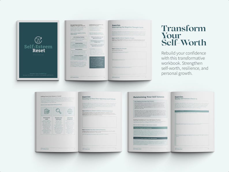 Op de afbeelding: Een werkboek met de titel "Transform Your Self-Worth" met een teal omslag en de tekst "Self-Esteem Reset" op de voorkant. Het werkboek is opengeklapt om pagina's te laten zien met oefeningen en instructies voor het opbouwen van zelfvertrouwen.