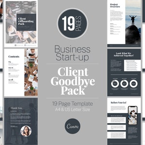 Pode incluir: Um modelo de 19 páginas para um pacote de despedida de clientes, projetado para uso com Canva. O modelo inclui seções para a visão geral do projeto, pacotes de serviços, depoimentos e muito mais. O modelo está disponível nos tamanhos A4 e US Letter.