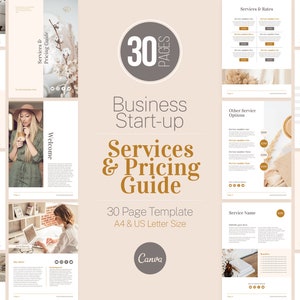 Pode incluir: Um modelo de guia de serviços e preços para uma empresa de arranque de 30 páginas, numa paleta de cores neutras com fundo bege e detalhes dourados. O modelo inclui secções para serviços e tarifas, opções de pacotes, estudos de caso e serviços adicionais.